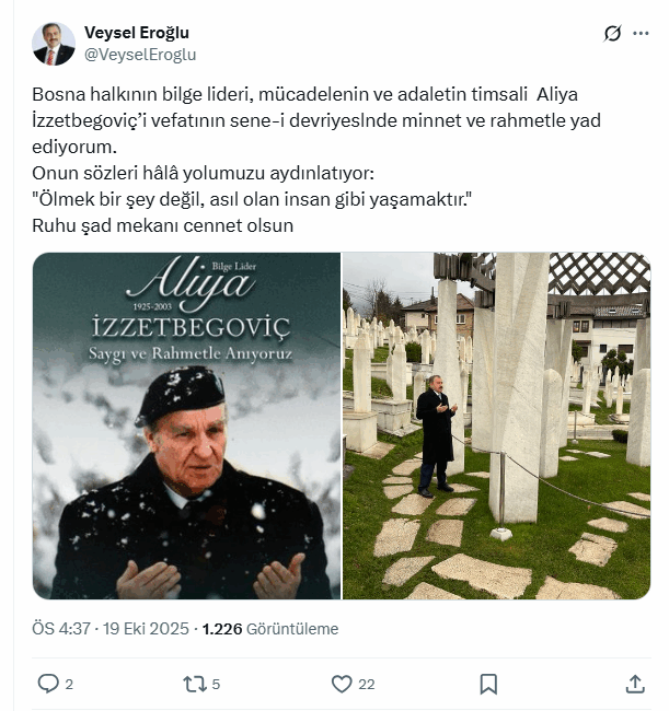Eroğlu, mesajında şunları yazdı: “Bosna halkının bilge lideri, mücadelenin ve