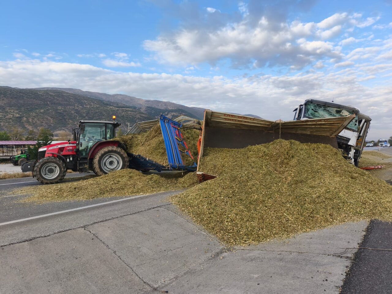 AFYONKARAHİSAR (AA) – Afyonkarahisar'ın Çay ilçesinde tırın traktör yem yüklü