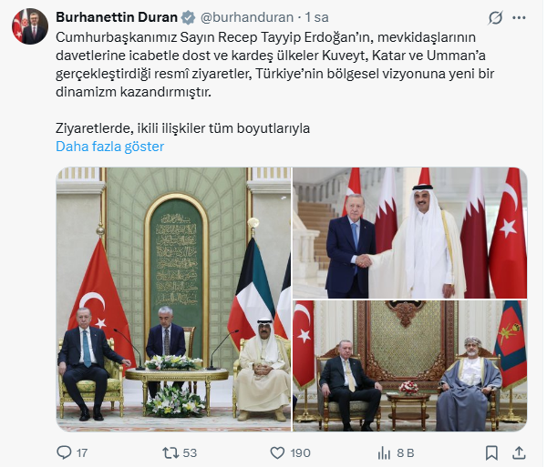 İletişim Başkanı Burhanettin Duran, sosyal medya hesabından yaptığı paylaşımında, “Cumhurbaşkanımız