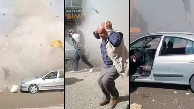 Elbistan’daki yıkım sırasında kopan beton parçaları, yoldan geçen araçların üzerine