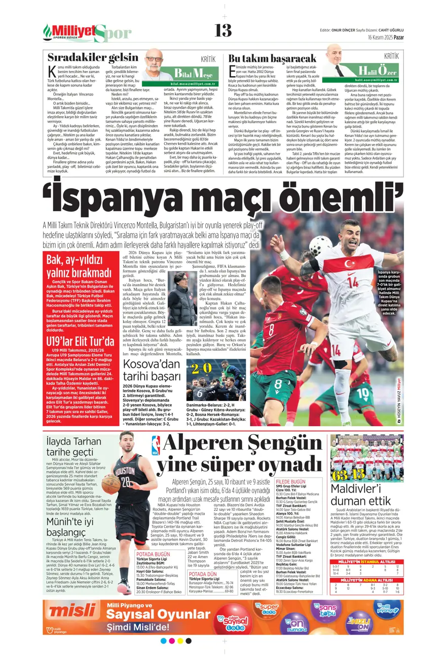 "Bekle bizi Amerika" (16 Kasım 2025 spor manşetleri) 22