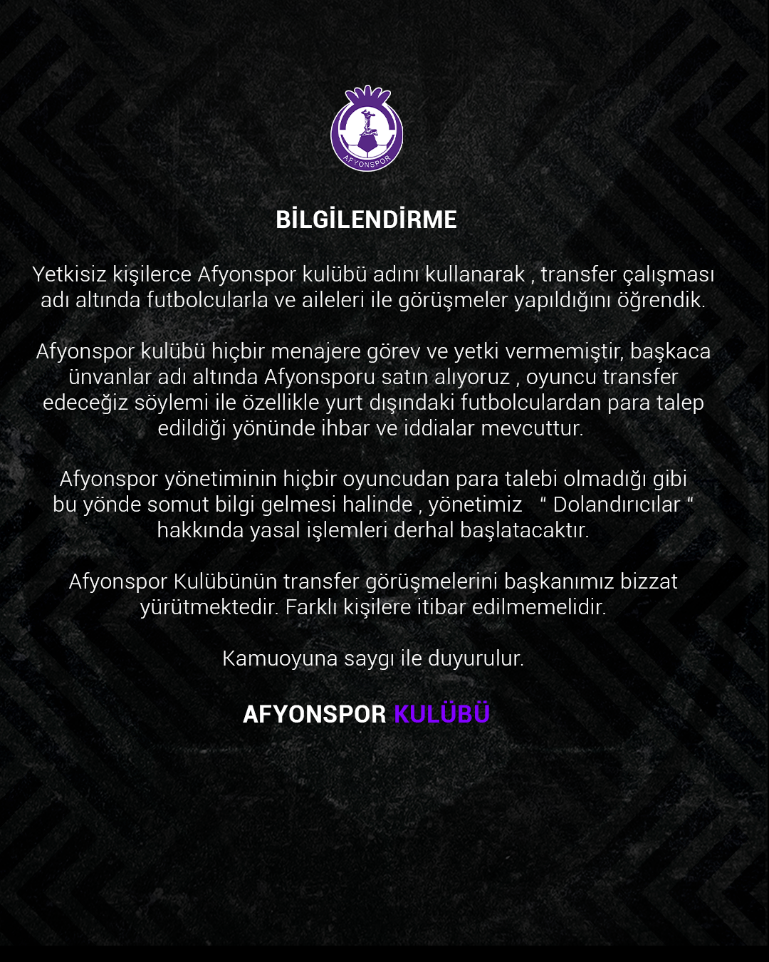 Afyonspor’dan transfer dolandırıcılığı uyarısı