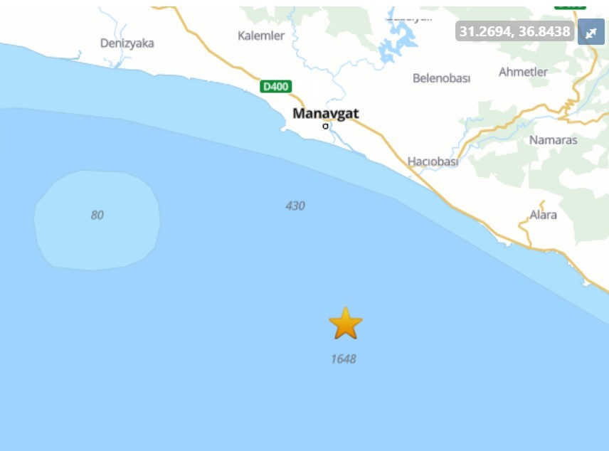 Antalya’nın Manavgat ilçesi açıklarında gerçekleşen sarsıntı, kısa süreli paniğe neden