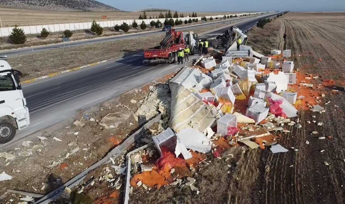 Afyonkarahisar’da kontrolden çıkarak şarampole devrilen havuç yüklü tırda sürücü yaralanırken,