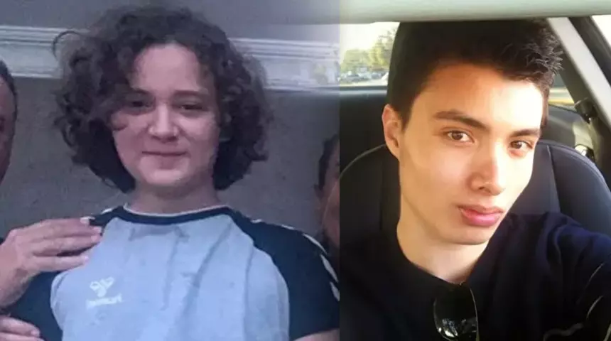 Split image: left a woman with short curly dark hair in a light blue shirt with dark sleeves, a hand resting on her shoulder; right a young man with short dark hair in a car taking a selfie