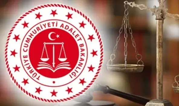 Circular red-and-white Turkish Ministry of Justice emblem beside balance scales of justice, symbolizing law