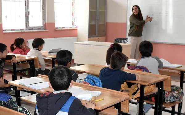 Teacher at the whiteboard explaining to students seated at desks in a classroom with pink walls and large windows.