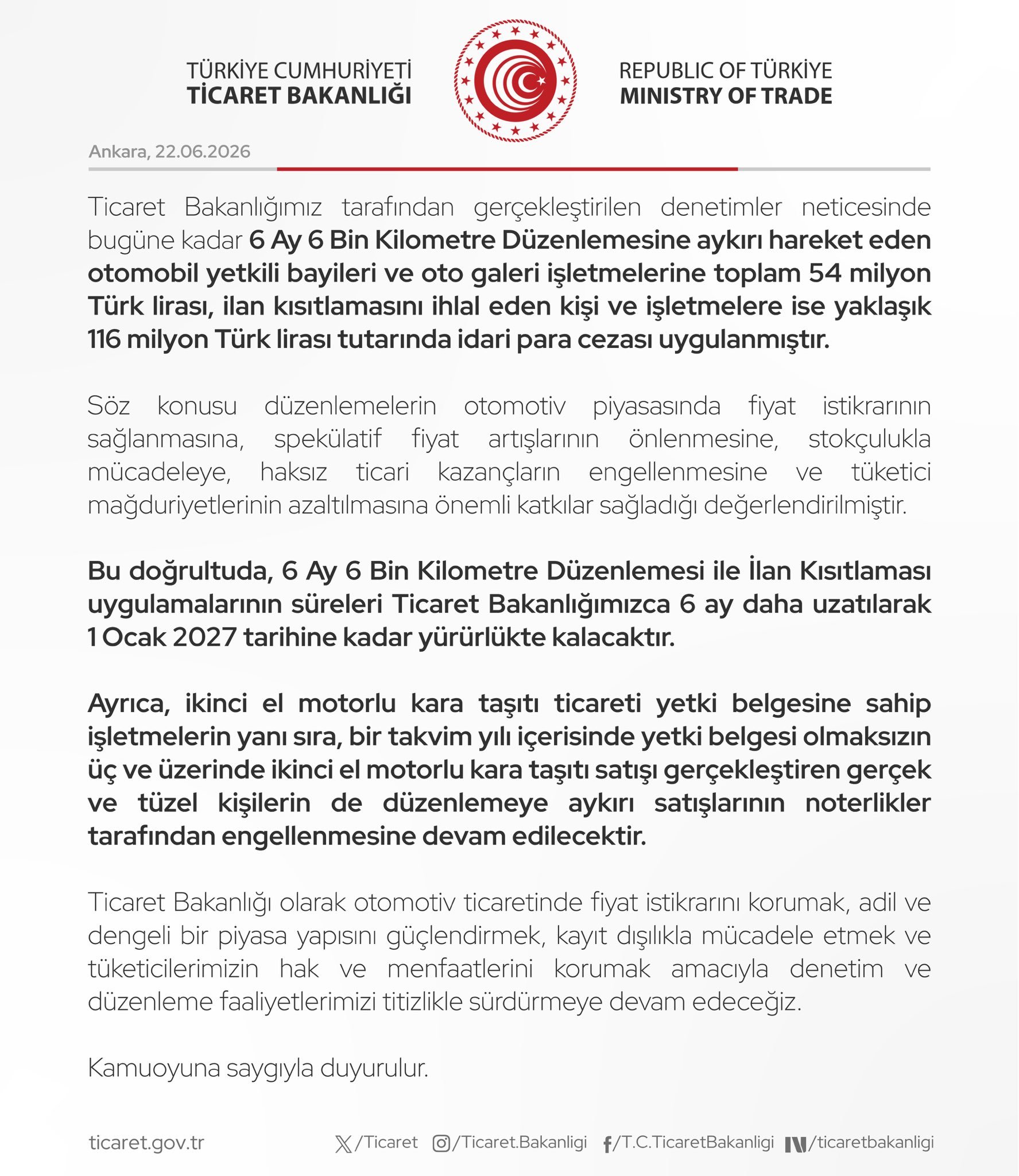 Ticaret Bakanlığı, ikinci el araç satışı, 6 ay 6 bin kilometre, ilan kısıtlaması, otomotiv sektörü, fiyat istikrarı, ekonomi haberleri, son dakika