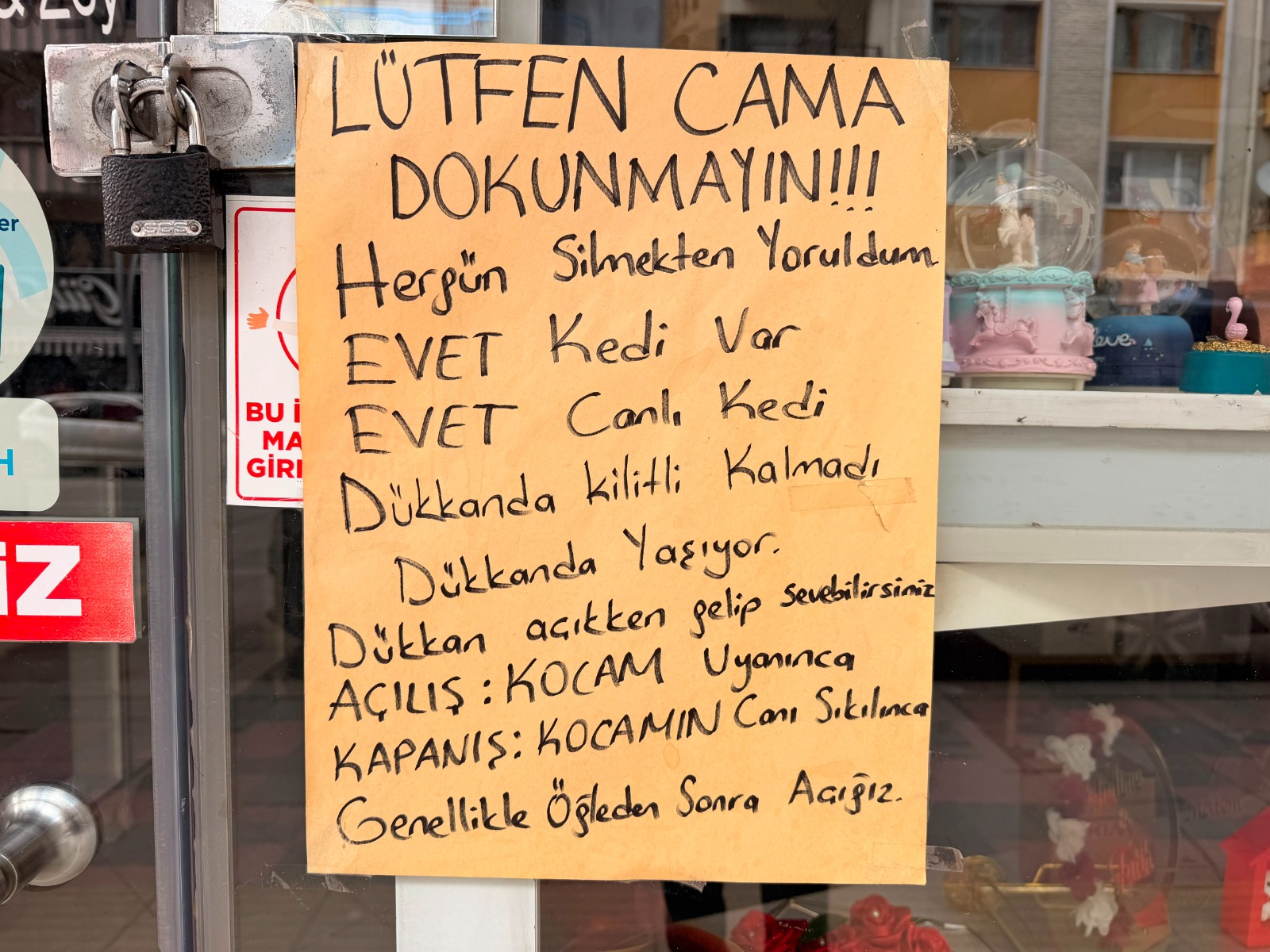 Afyonkarahisar, haberde insan, esnaf eşinin yazısı, vitrin camı uyarısı, dükkan maskotu kedi, esprili çalışma saatleri, Afyon mizah, özel haber