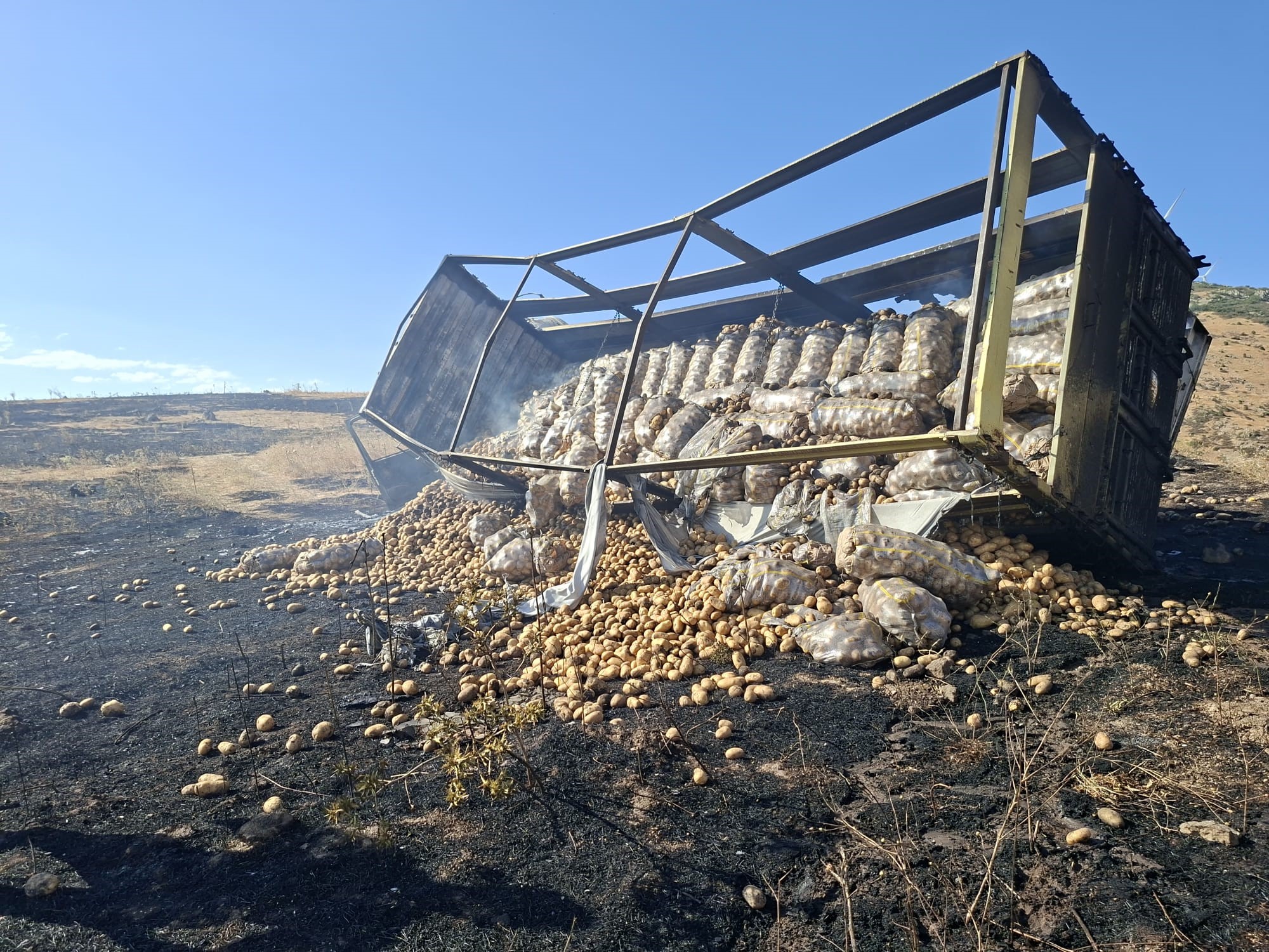 Patates yüklü kamyon yokuşta alev aldı