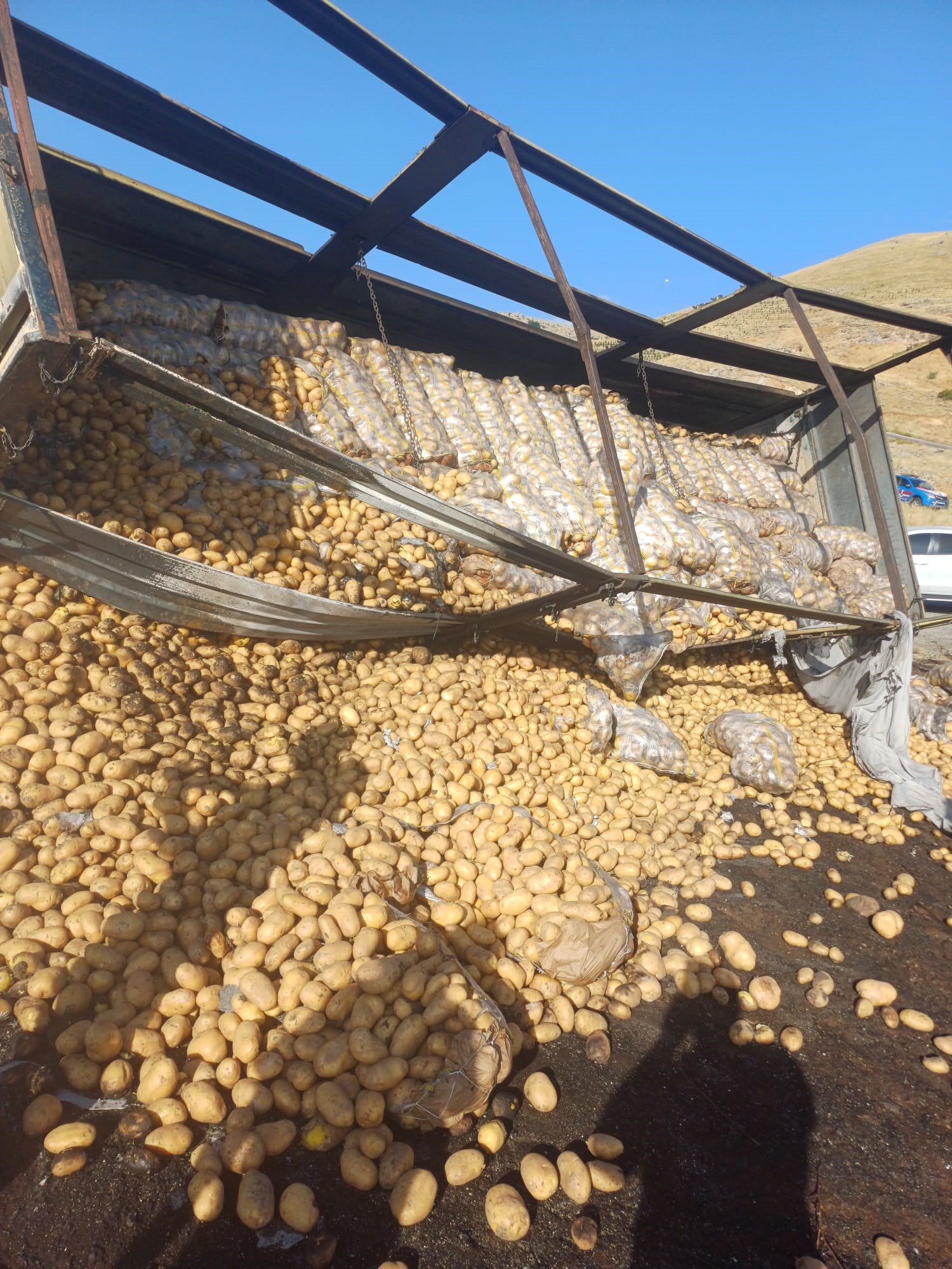Patates yüklü kamyon yokuşta alev aldı